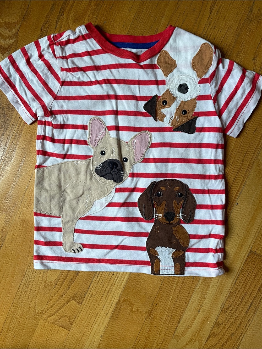 Mini Boden Red & White Striped Tee with Dog Appliqués
